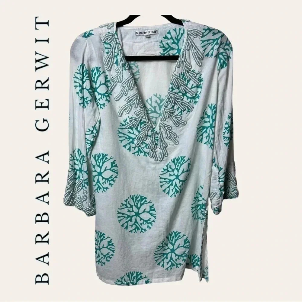 1075. BARBARA GERWIT SWIMSUIT COVERUP WITH BEADING SIZE SMALL TEAL/WHITE